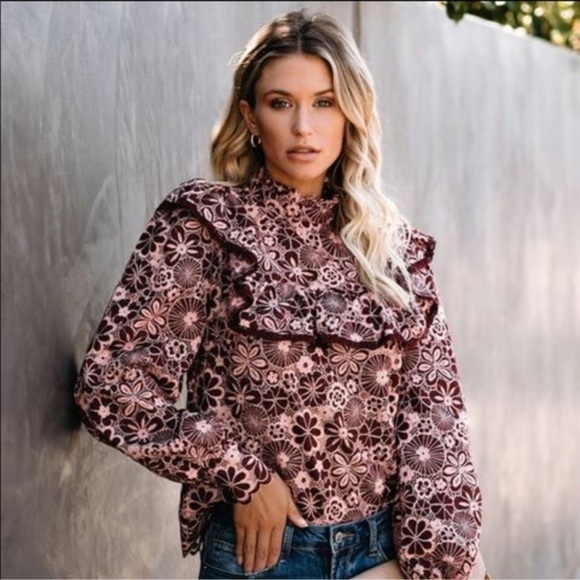 NWOT VICI Champagne & Strawberry Pink Change Is Beautiful Ruffle Lace Top Small - Picture 2 of 13